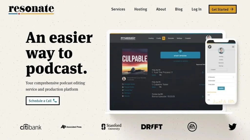 Resonate brand asset featured on podcastingresourcesguide.com