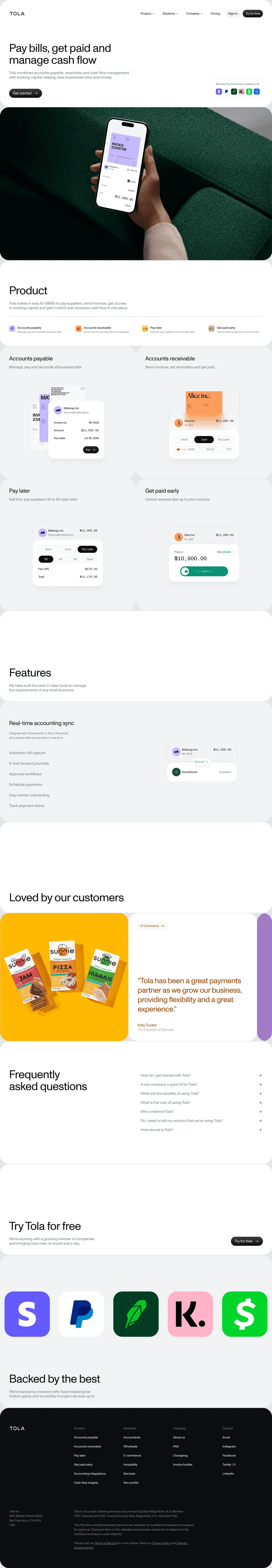 Tola brand asset featured on saaslandingpage.com