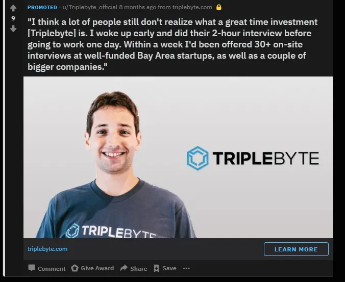 Triplebyte brand asset featured on reddit.com