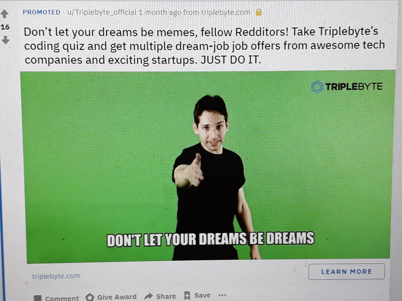 Triplebyte brand asset featured on reddit.com